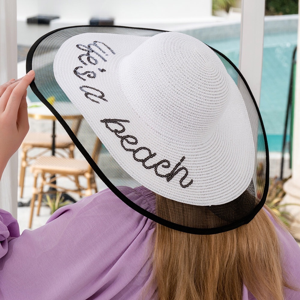Oversized White “Life is a Beach” Straw Sun Hat